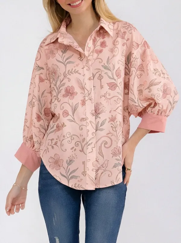 Women's Vintage Floral Key Bird Printed Button-up Shirt