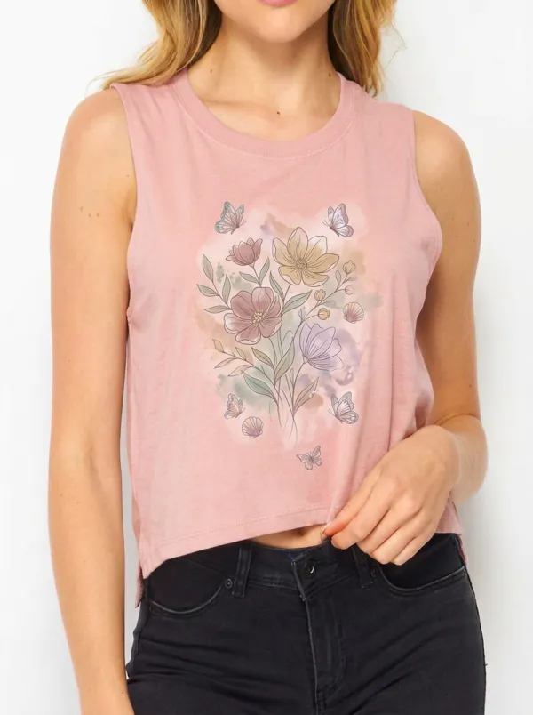 Women's Floral Butterfly Nature Lover Watercolor Printed Tank Top