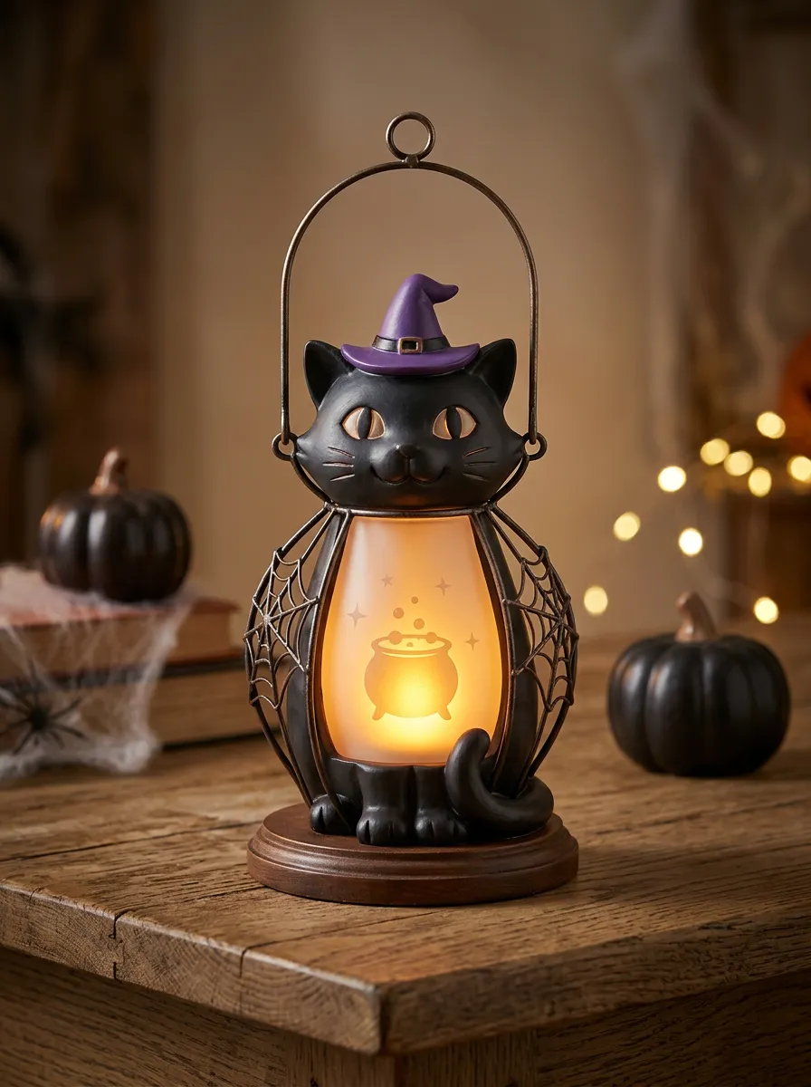 Halloween Witch Hat Black Cat Cauldron LED Lantern