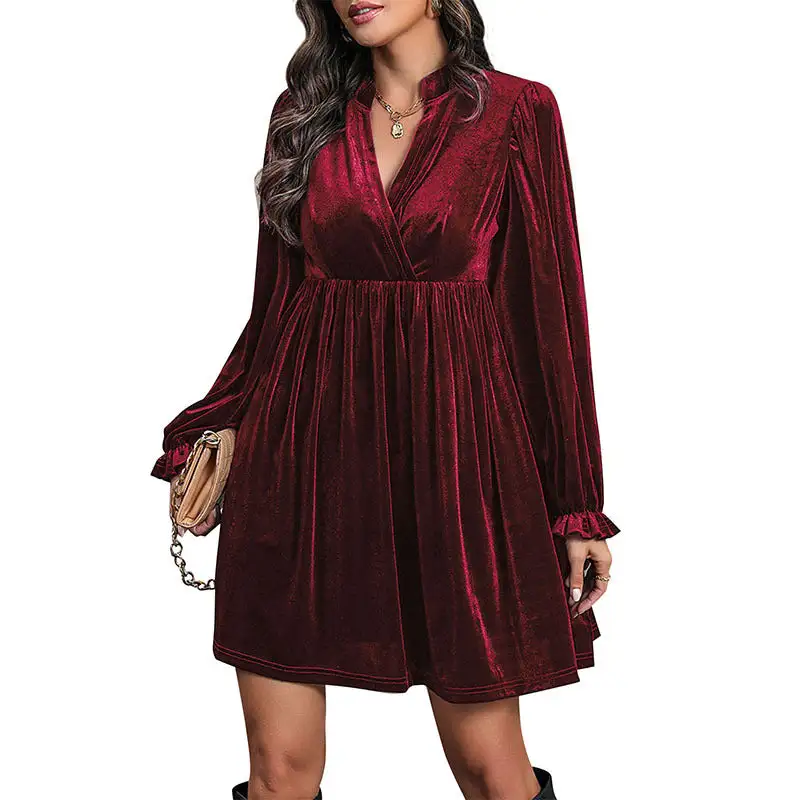 Women's V-Neck Long-Sleeve Velvet Bridal Dress