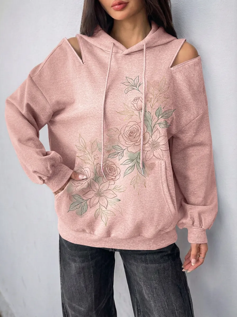 Women's Floral Botanical Art Cold Shoulder Printed Hoodie