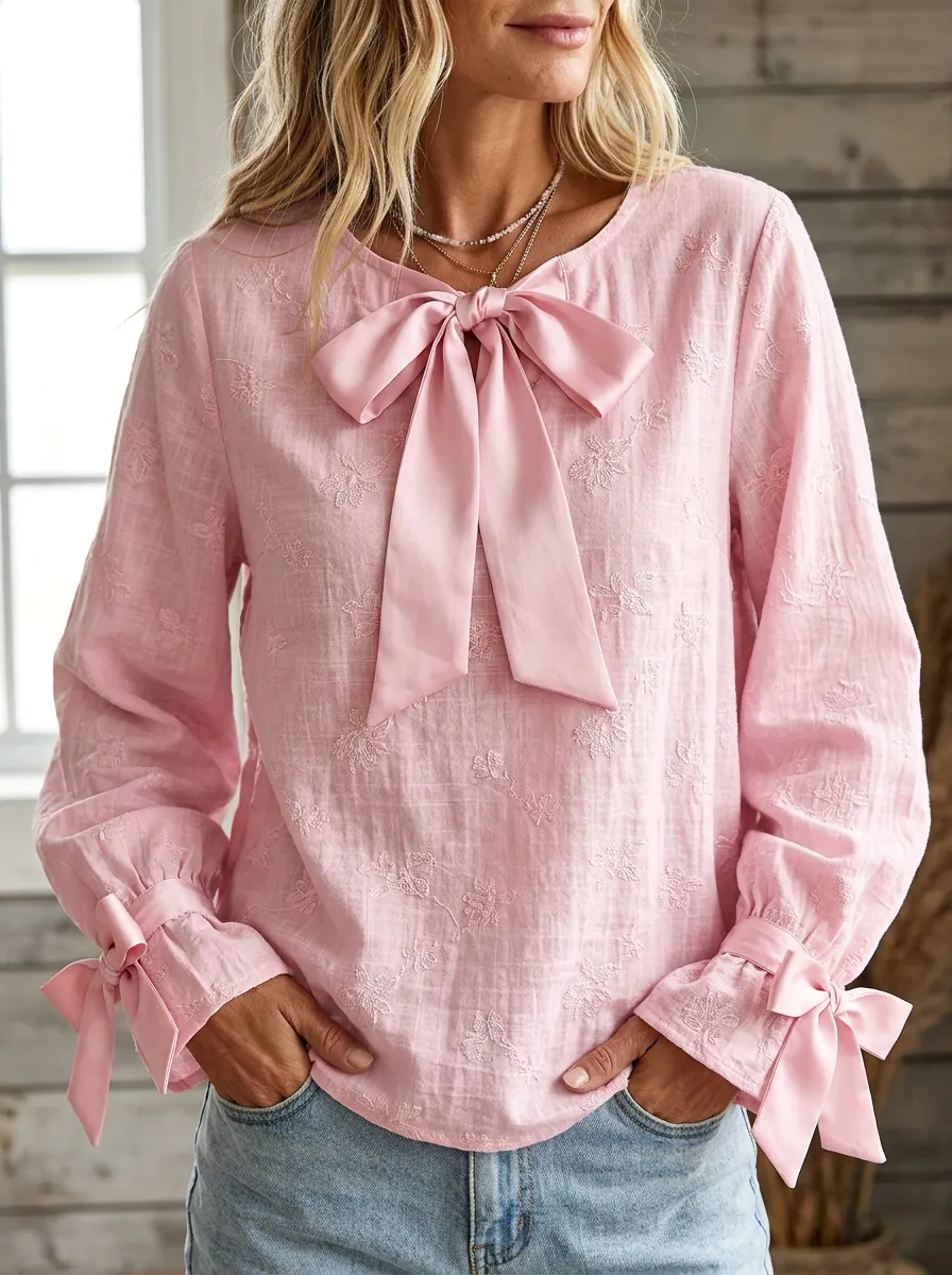 Women's Round Neck Bow-detail Long Sleeve Blouse