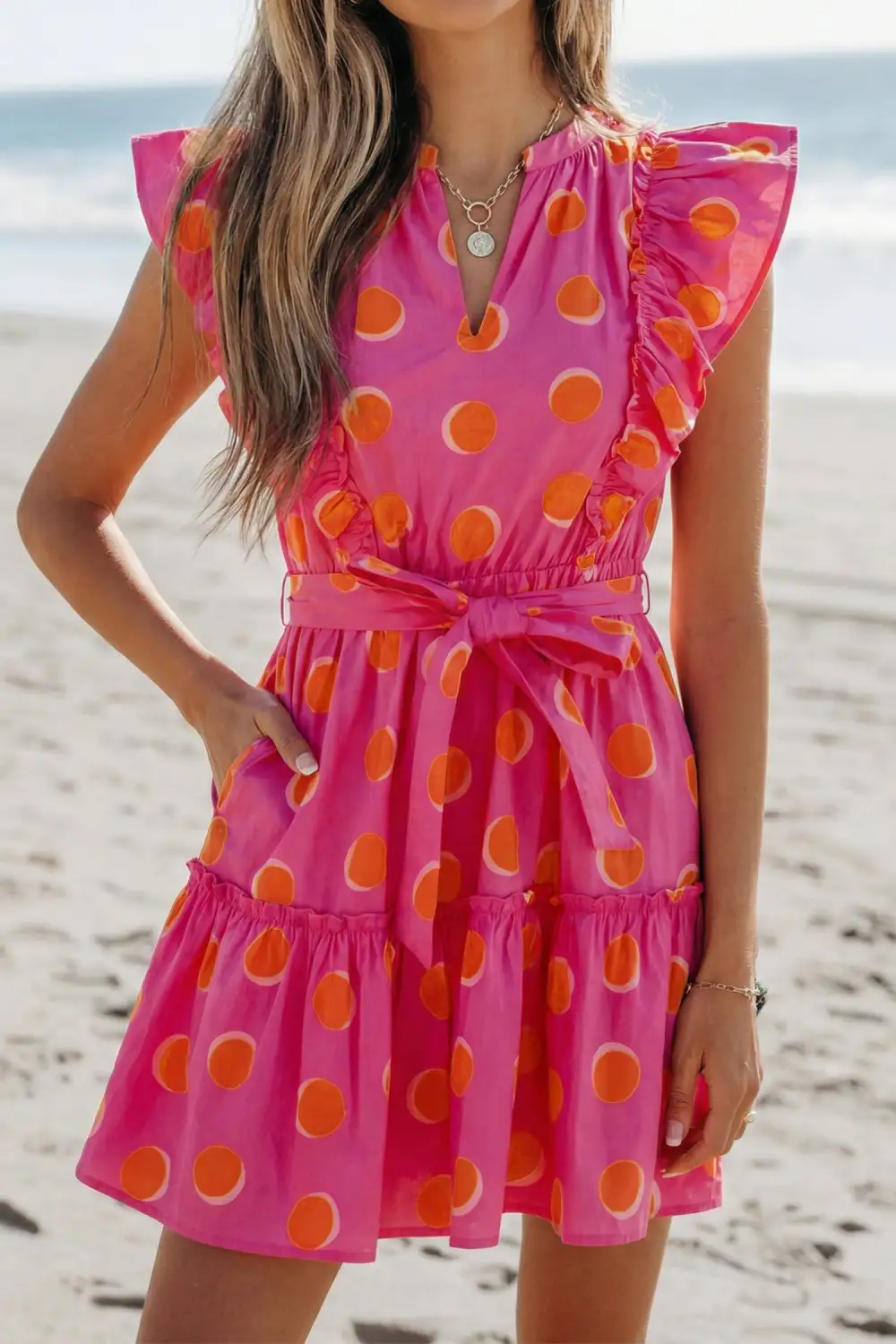 Polka Dot Ruffle Trim V-Neck Mini Dress