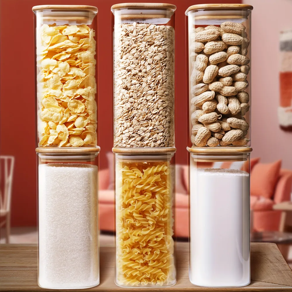 Stackable Glass Food Storage Jars with Bamboo Lids, Kitchen Tool for Pantry Organization