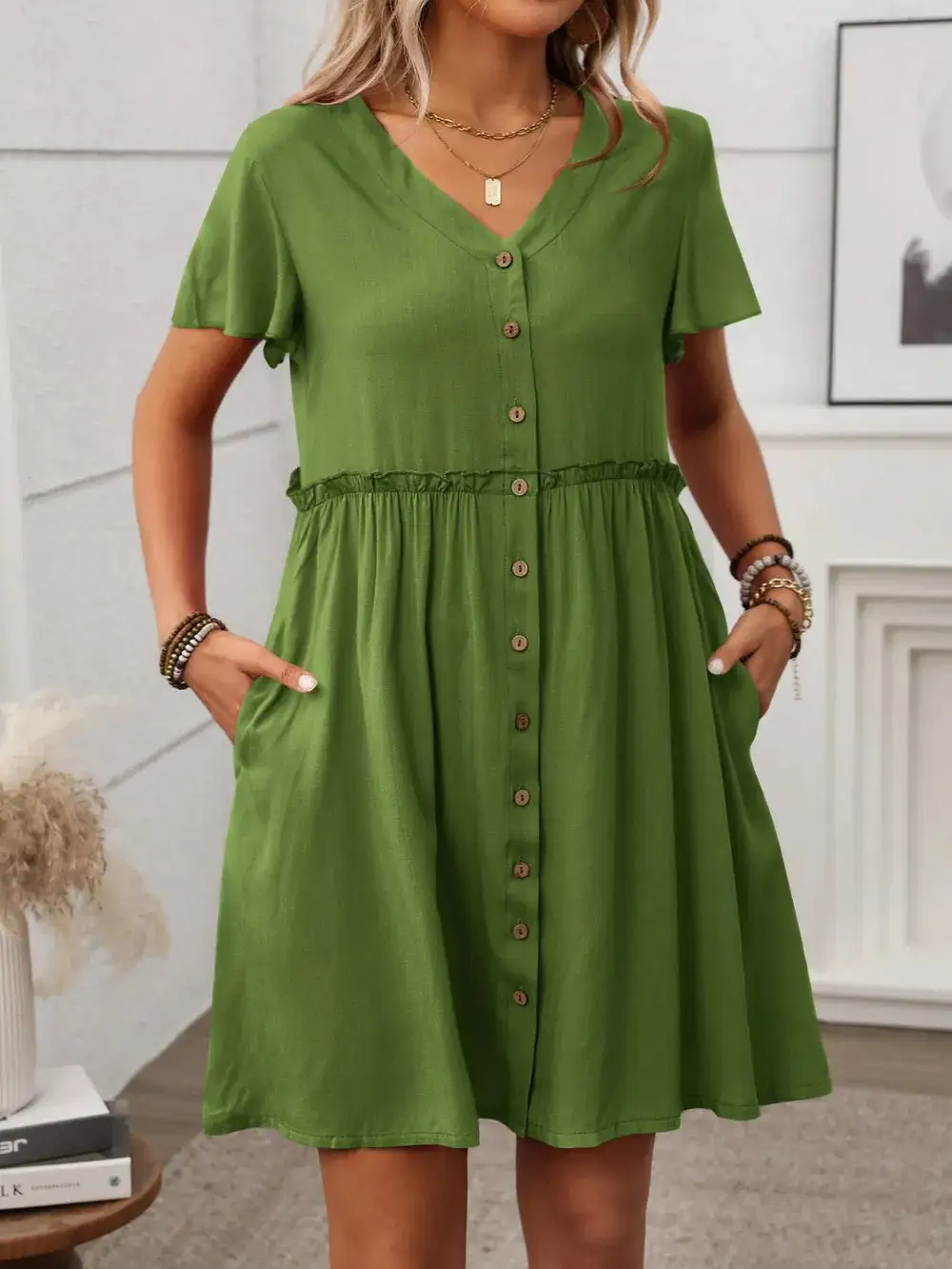 Flutter Sleeve Button Front Dress