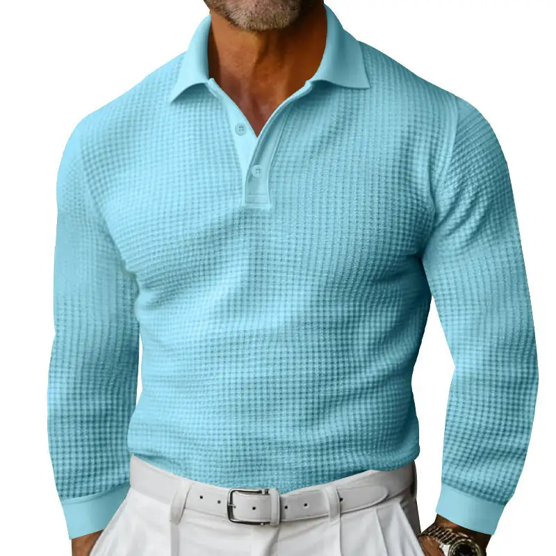 Waffle Texture Button Placket Long Sleeve Slim Fit Polo Shirt
