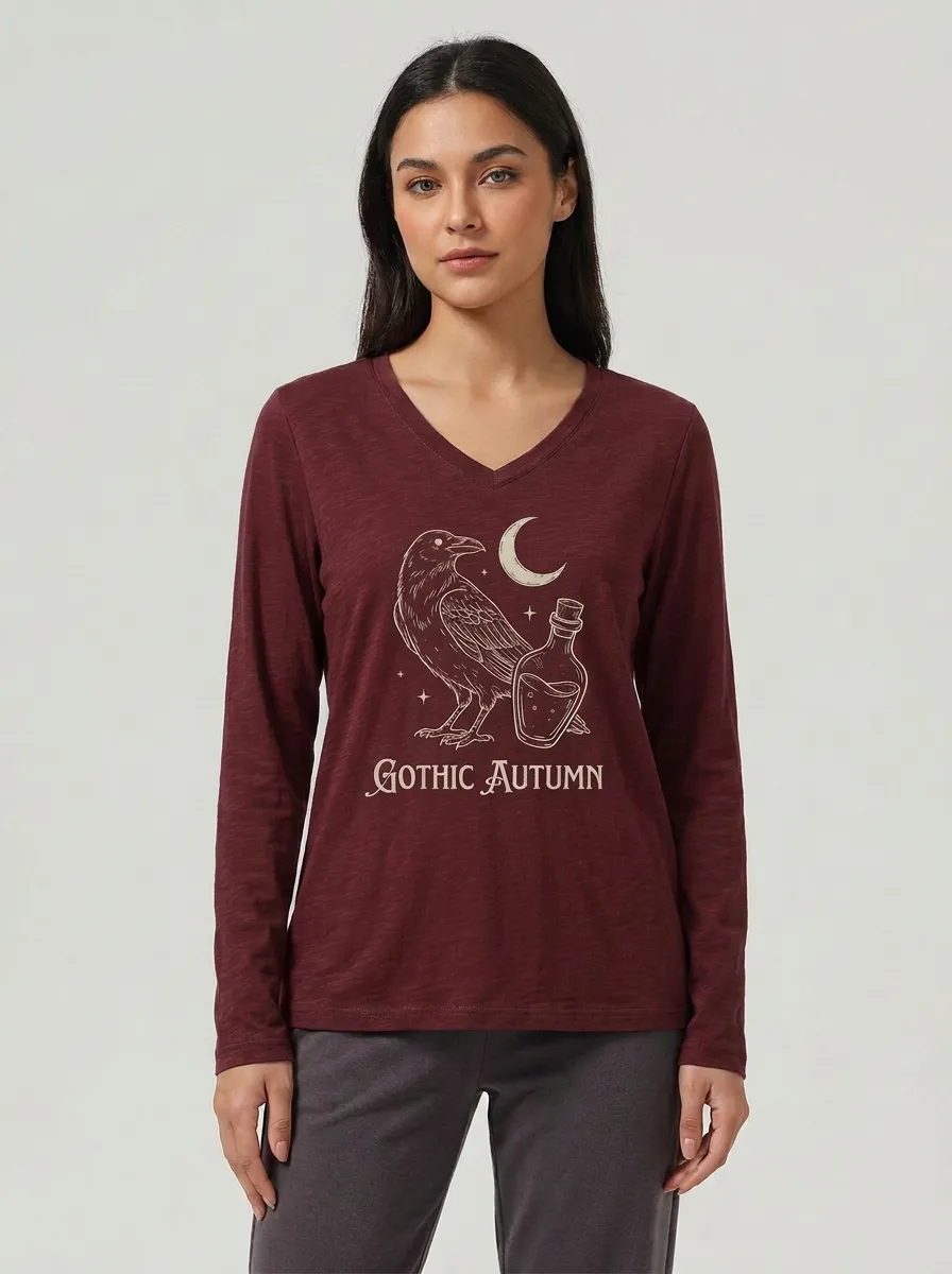 Women's Halloween Gothic Autumn Raven Potion Printed V-neck Long Sleeve T-shirt