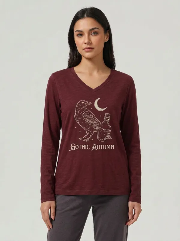 Women's Halloween Gothic Autumn Raven Potion Printed V-neck Long Sleeve T-shirt