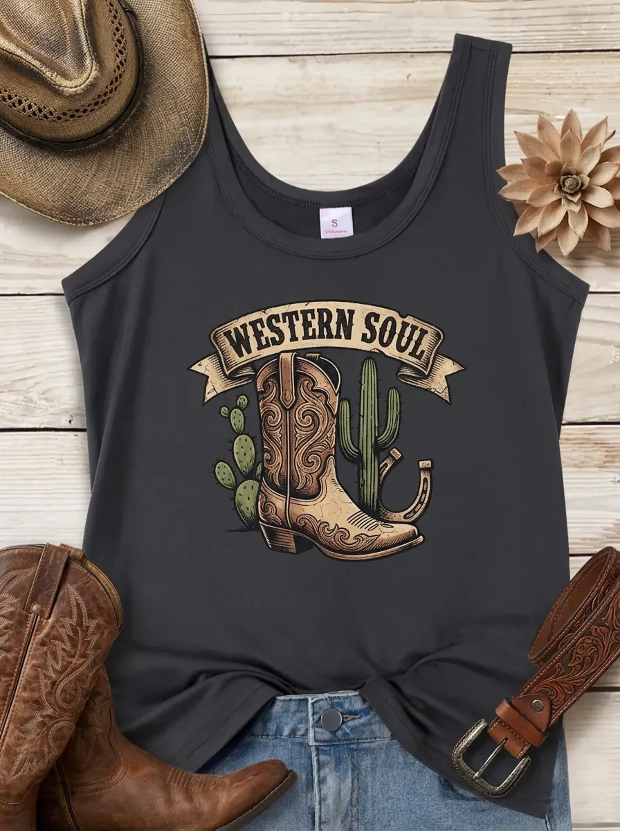 Western Soul Cowboy Boot Cactus Tank Top