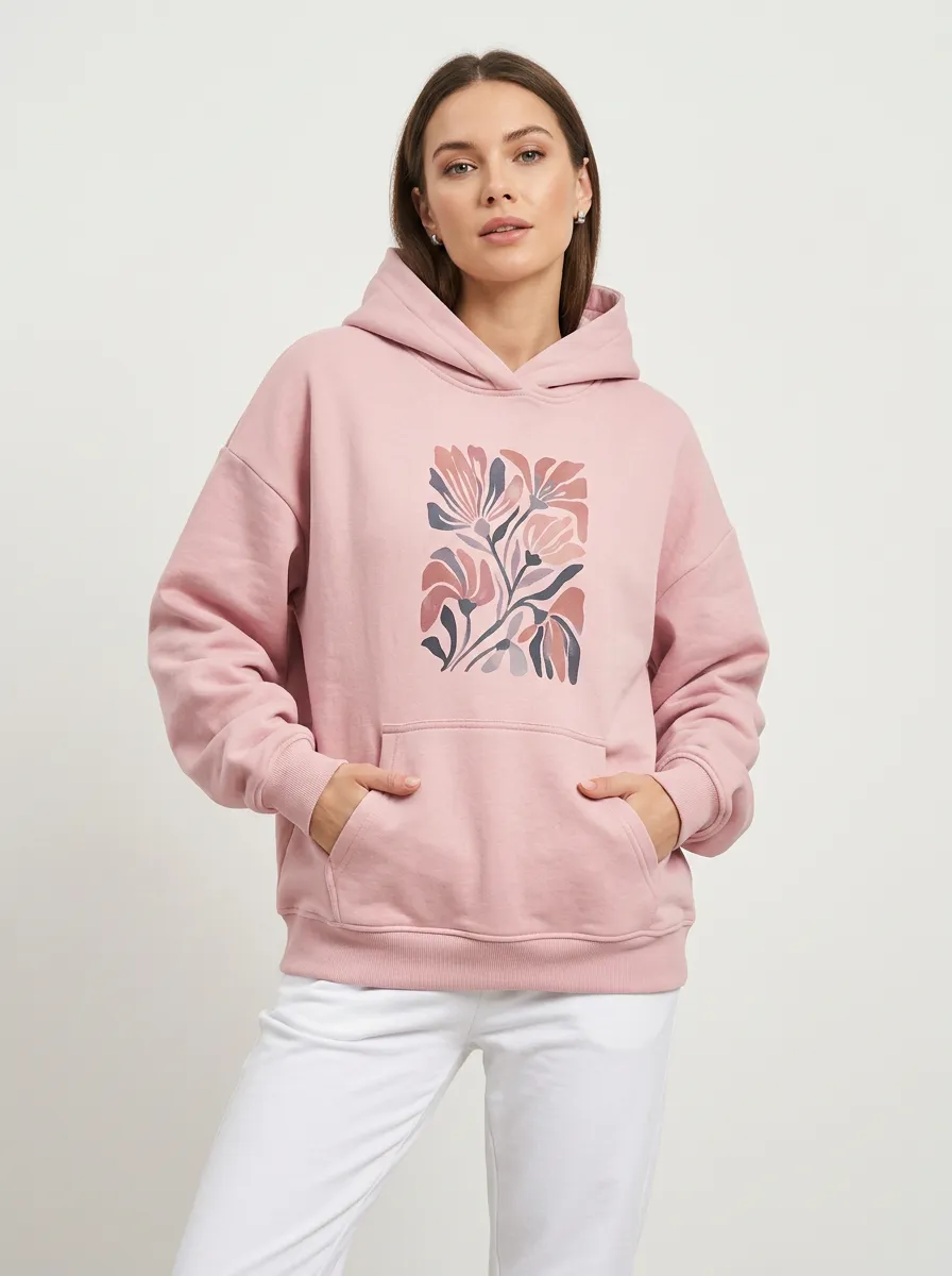 Women's Botanical Art Lover Pink Floral Printed Hoodie