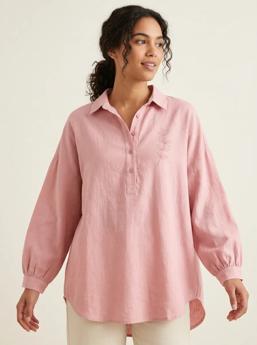 Women's Botanical Minimalist Eucalyptus Printed Pink Cotton And Linen-Blend Shirt