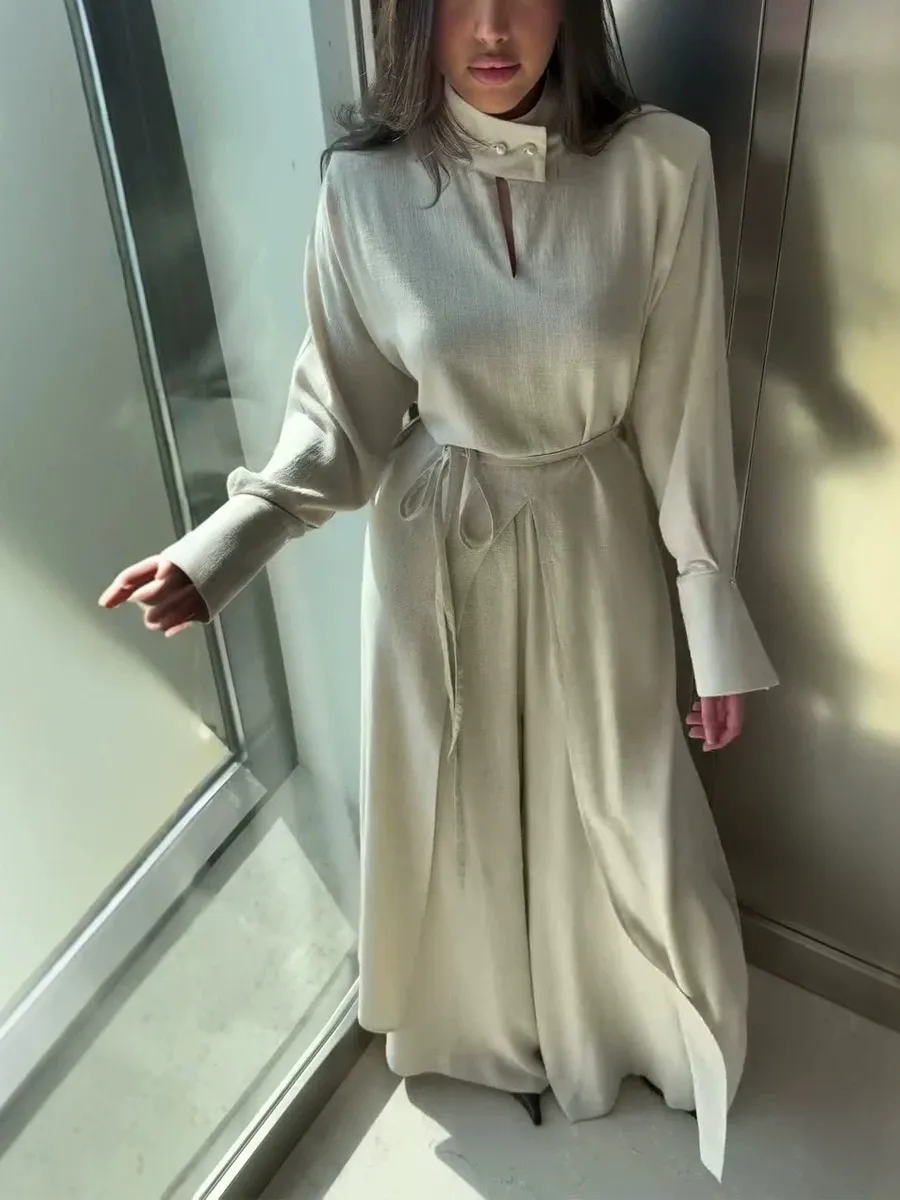 Helena Long-Sleeve Top and High-Waisted Wide-Leg Pants Set