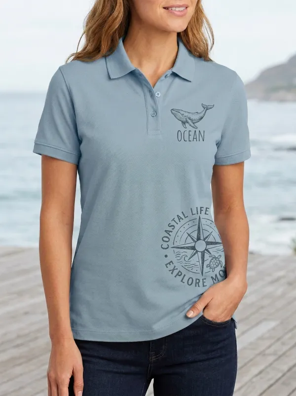 Women's Ocean Coastal Life Compass Printed Polo Shirt