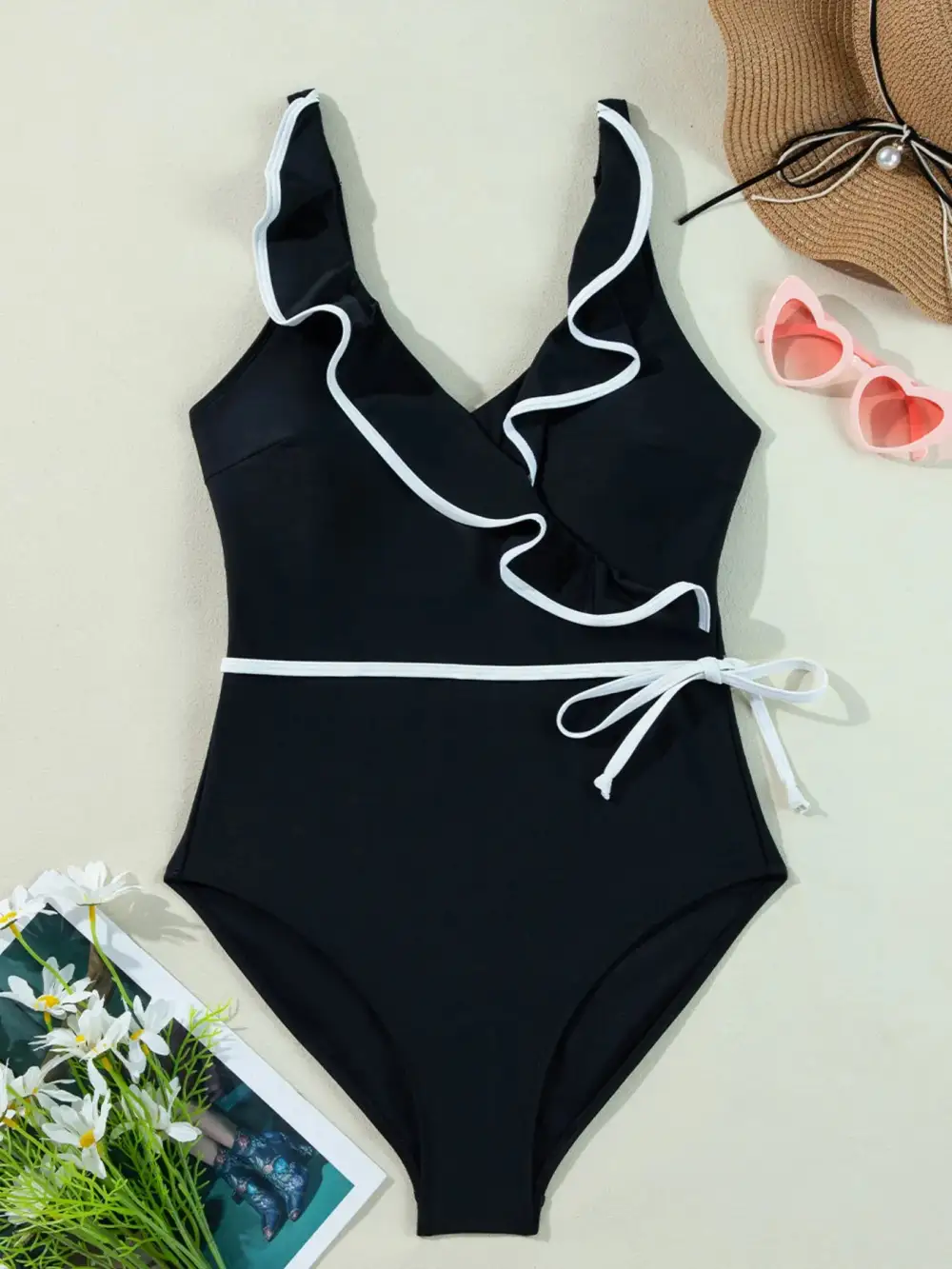 Ruffle Trim V Neck One Piece Swimsuit