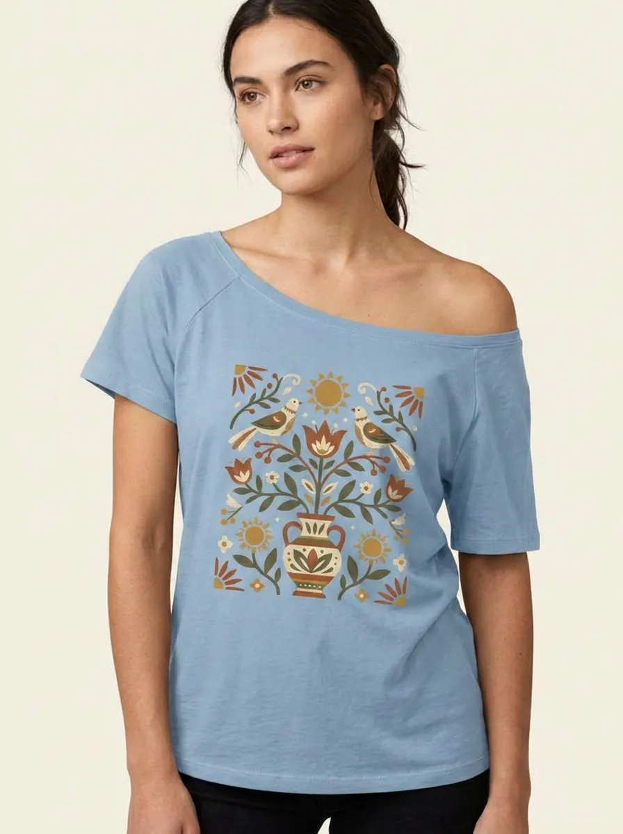 Women's Folk Art Bird Floral Vase Printed T-shirt