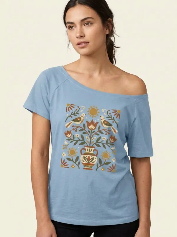 Women's Folk Art Bird Floral Vase Printed T-shirt