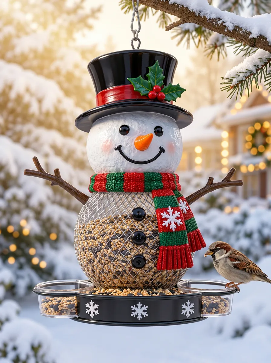 Holly Scarf Snowman Christmas Bird Feeder