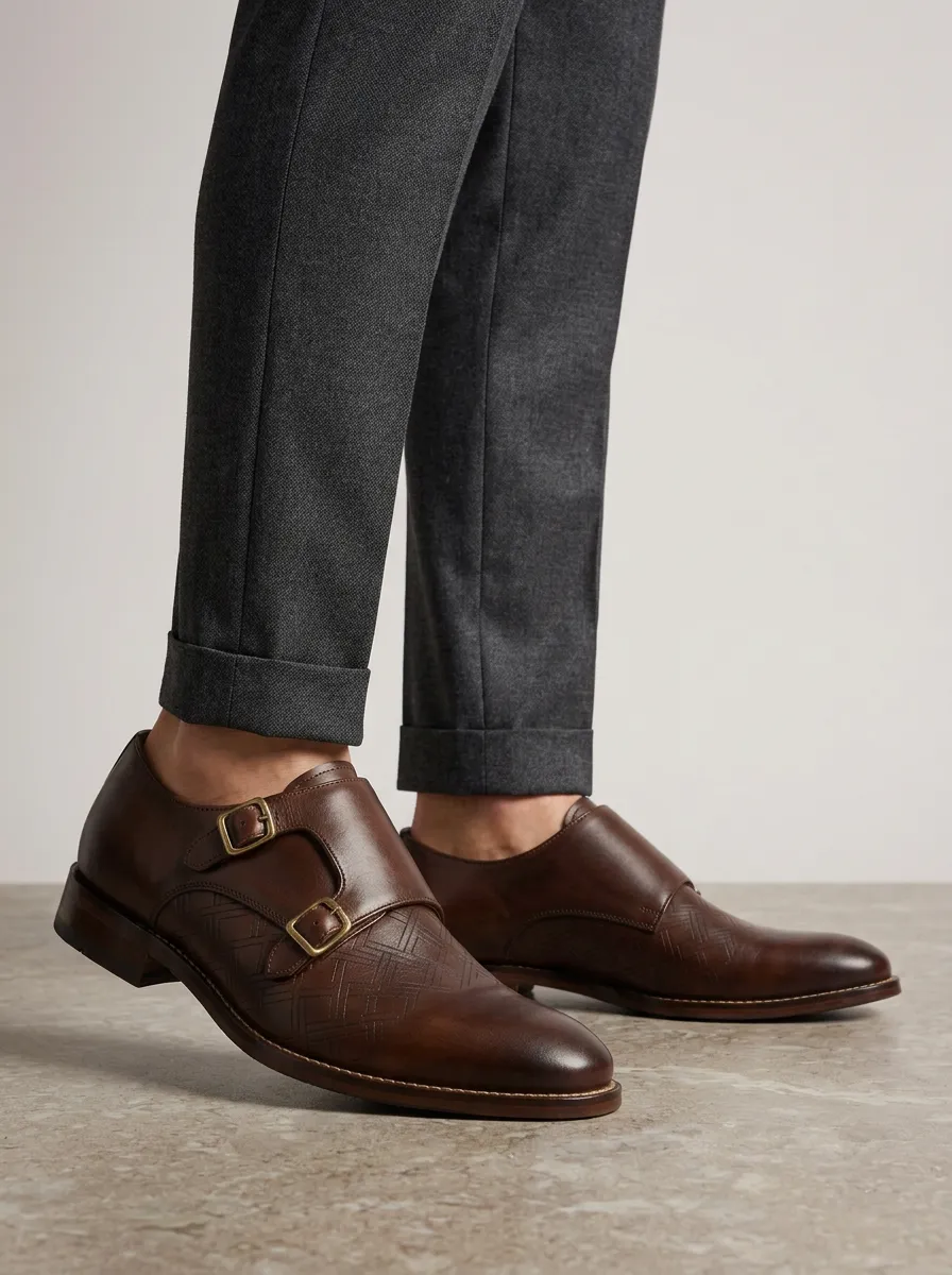 Men's Business Formal Geometric Embossed Leather Double Monk Strap Shoes