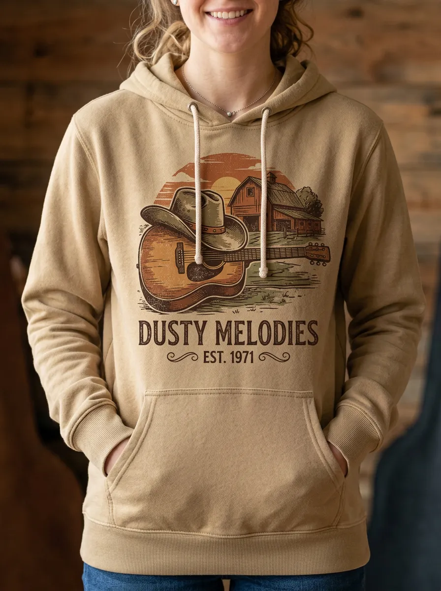 Rustic Country Music Guitar Cowboy Hat Pullover Hoodie