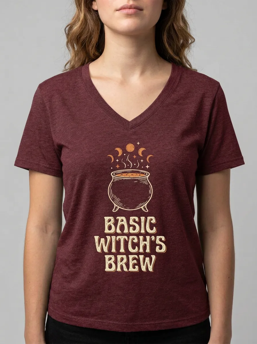 Women's Halloween Witch Cauldron Basic Witch's Brew Printed V-neck T-shirt