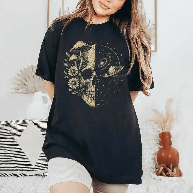 Skull Galaxy Mushroom Flowers Cosmos Aesthetic Spiritual Women's Oversized Comfort T-Shirt