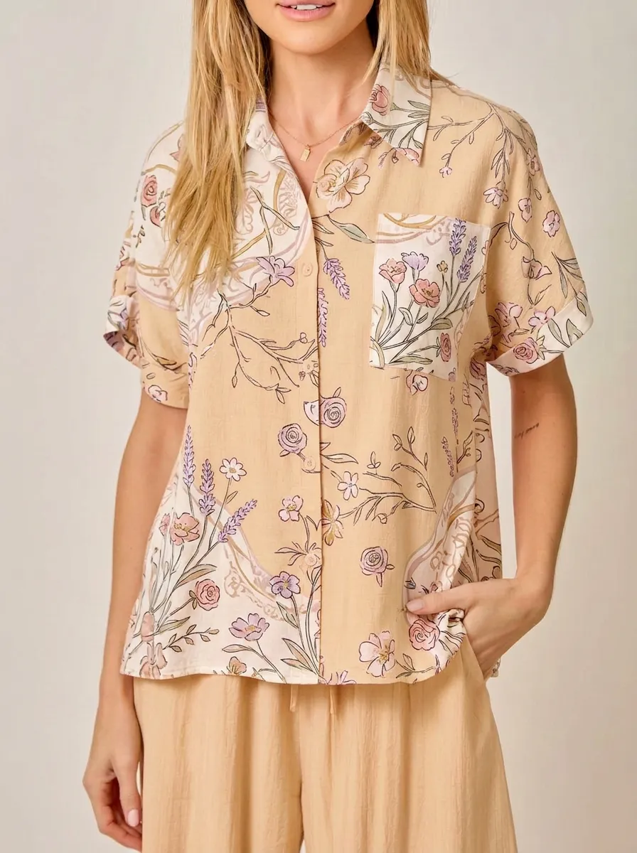 Women's Floral Botanical Peach Printed Button Down Shirt