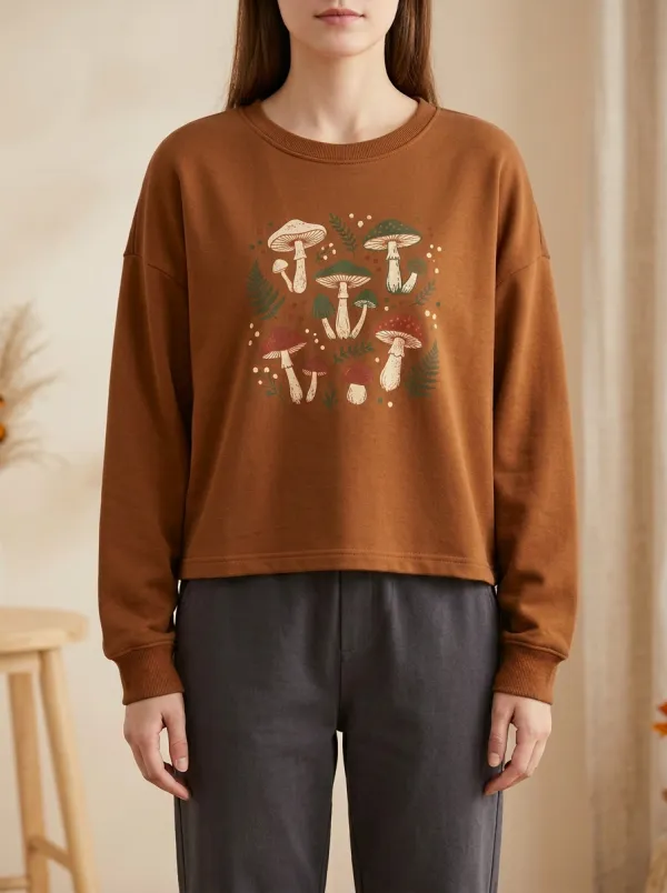 Textured Printed Mushroom Cottagecore Graphic Sweatshirt