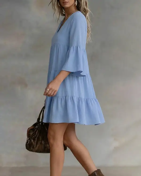 V-Neck Bell Sleeve Ruffle Tiered Mini Dress