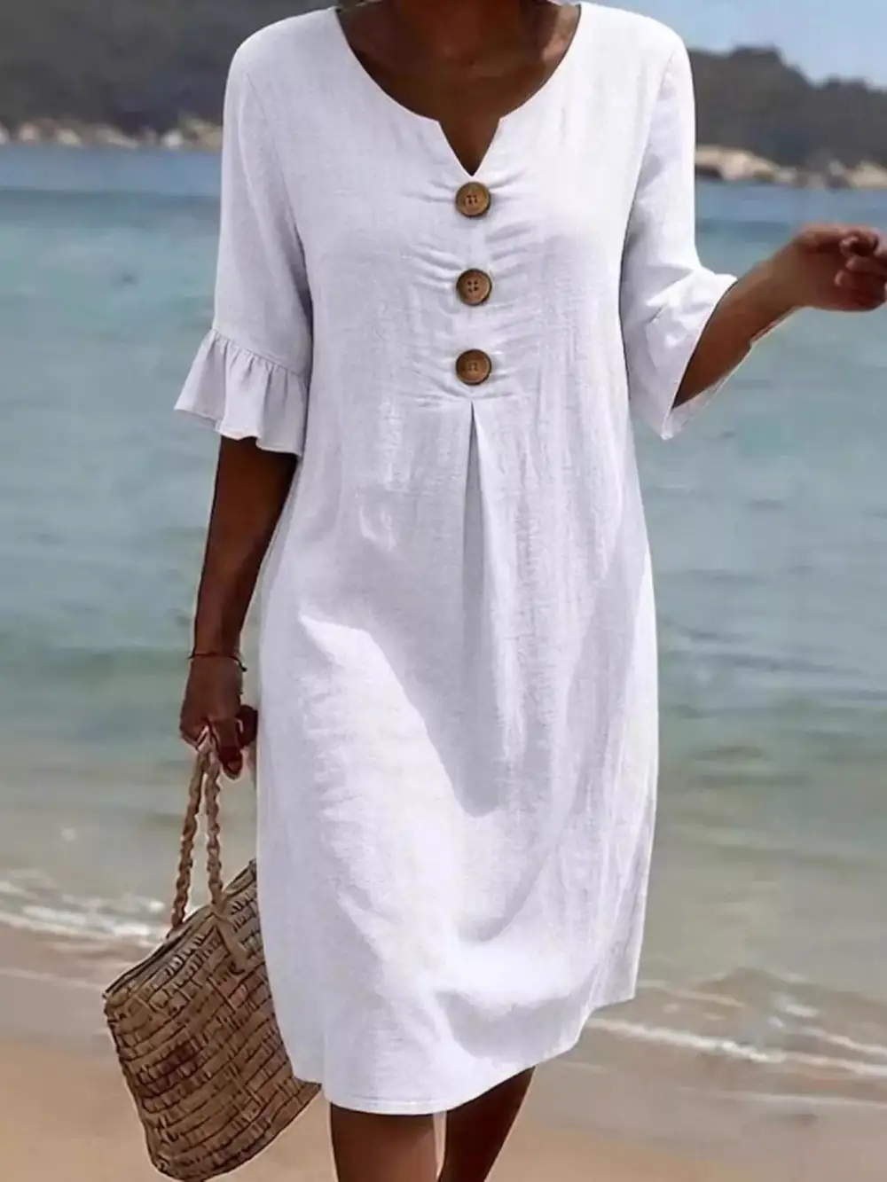 Button Decor Ruffle Sleeve Midi Dress