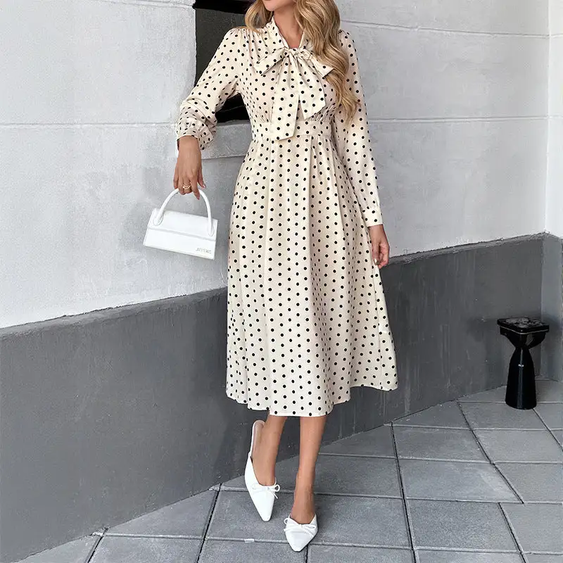 Women's Bodycon Long-Sleeve Lace Polka-Dot Midi Dress