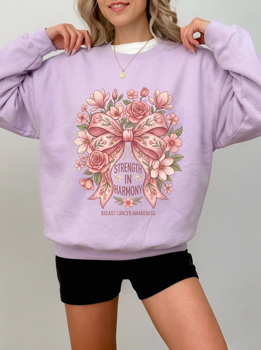 Women's Breast Cancer Awareness Floral Bow Strength In Harmony Printed Sweatshirt
