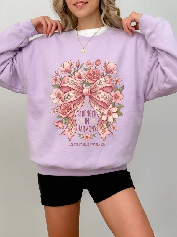 Women's Breast Cancer Awareness Floral Bow Strength In Harmony Printed Sweatshirt