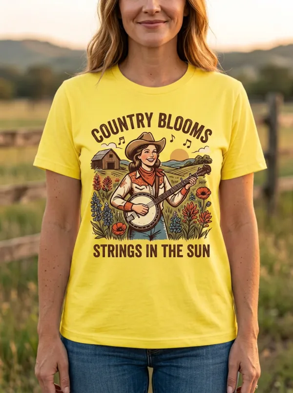 Nashville-Inspired Banjo Floral Country Music Crewneck T-Shirt