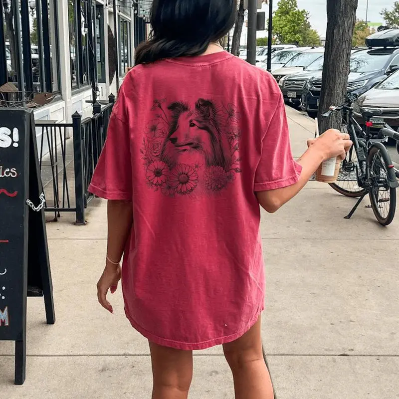 Floral Shetland Sheepdog Dog Sheltie Flower For Women Women's Oversized Comfort T-Shirt Back Print