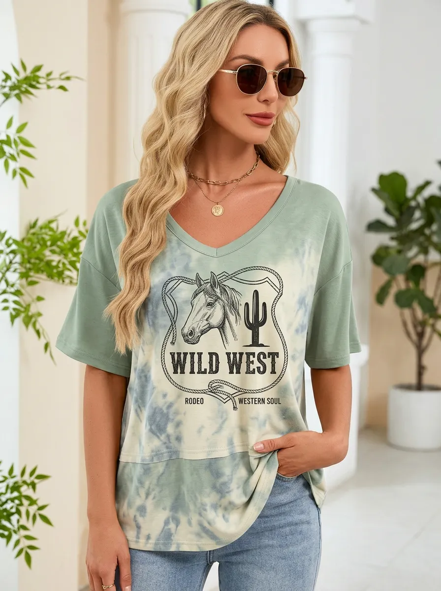 Women's Wild West Rodeo Horse Cactus Printed V-neck T-shirt