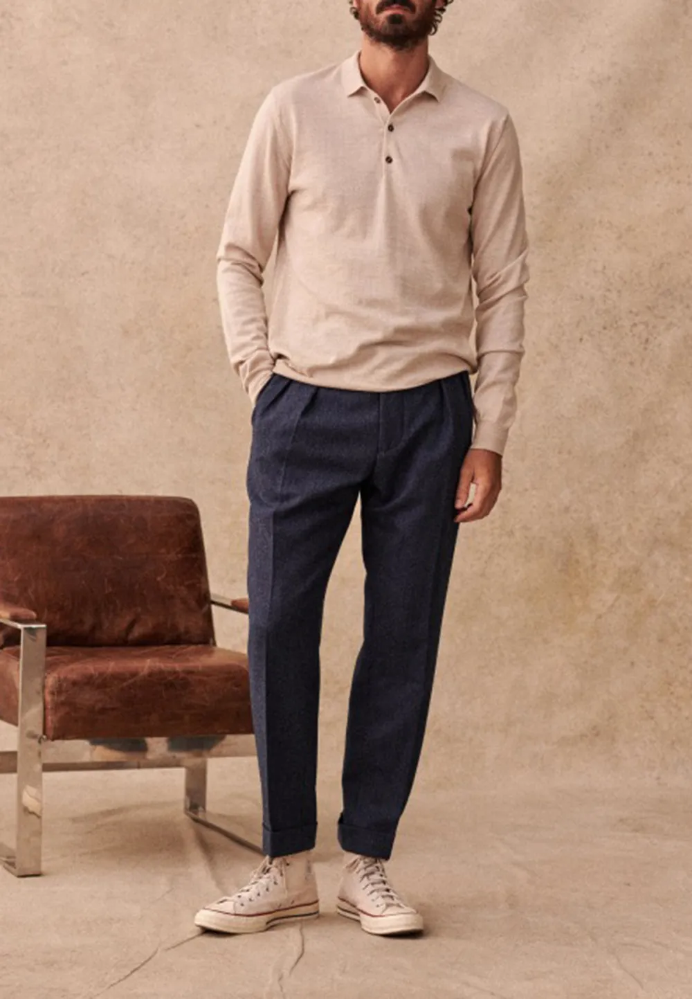 Mottled Beige Henley Collar Knit Sweater