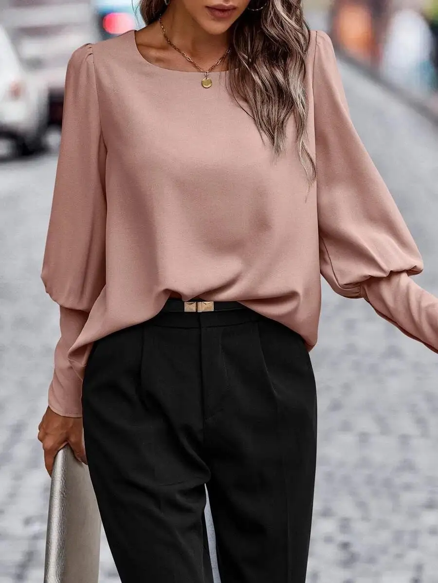 Button Back Puff Sleeve Blouse