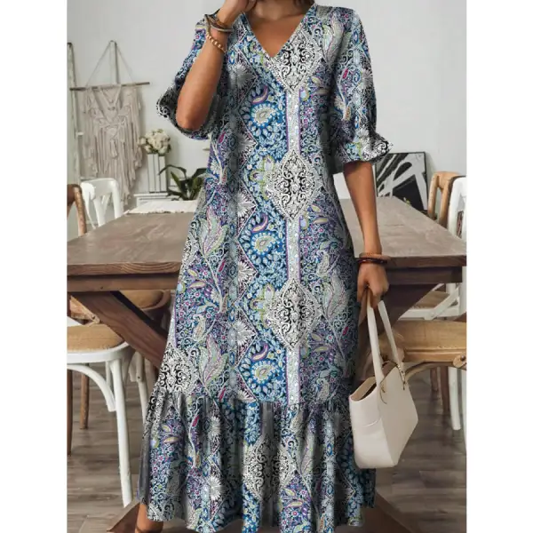 Full Size Bohemian Paisley V-Neck Midi Dress Plus Size
