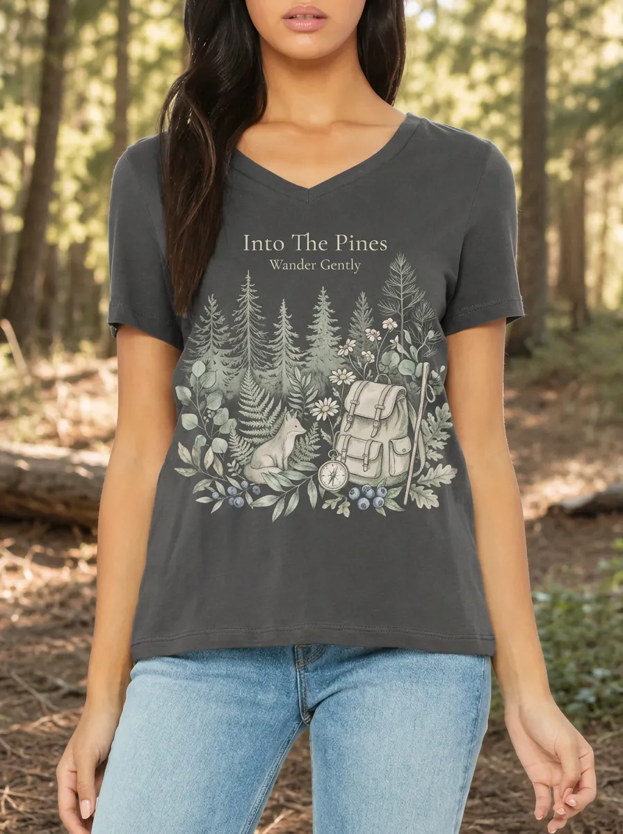 Women's Nature Hiking Lover Fox Backpack Compass Printed T-shirt