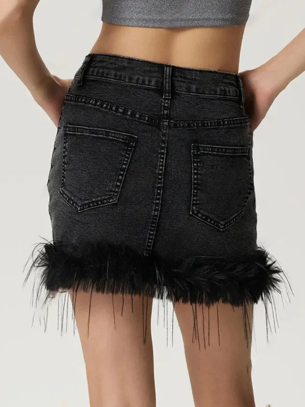 Fine Button Front Denim Detail Skirt