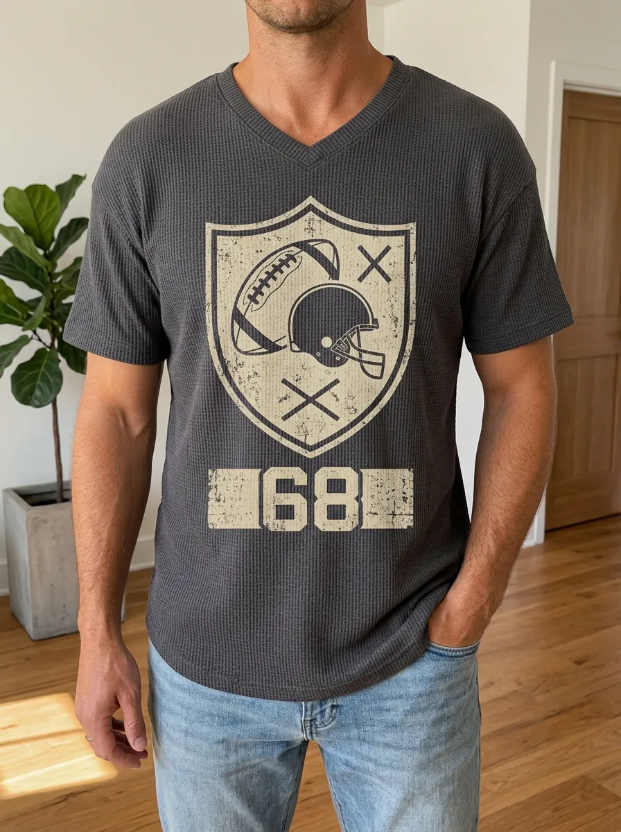 Men's American Football 68 Shield Graphic Printed Waffle Top