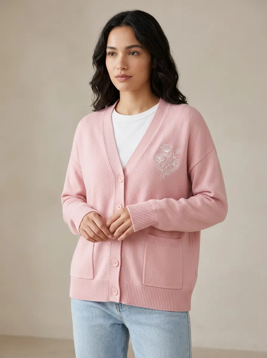 Women's Floral Lover Pink Embroidered Casual Cardigan