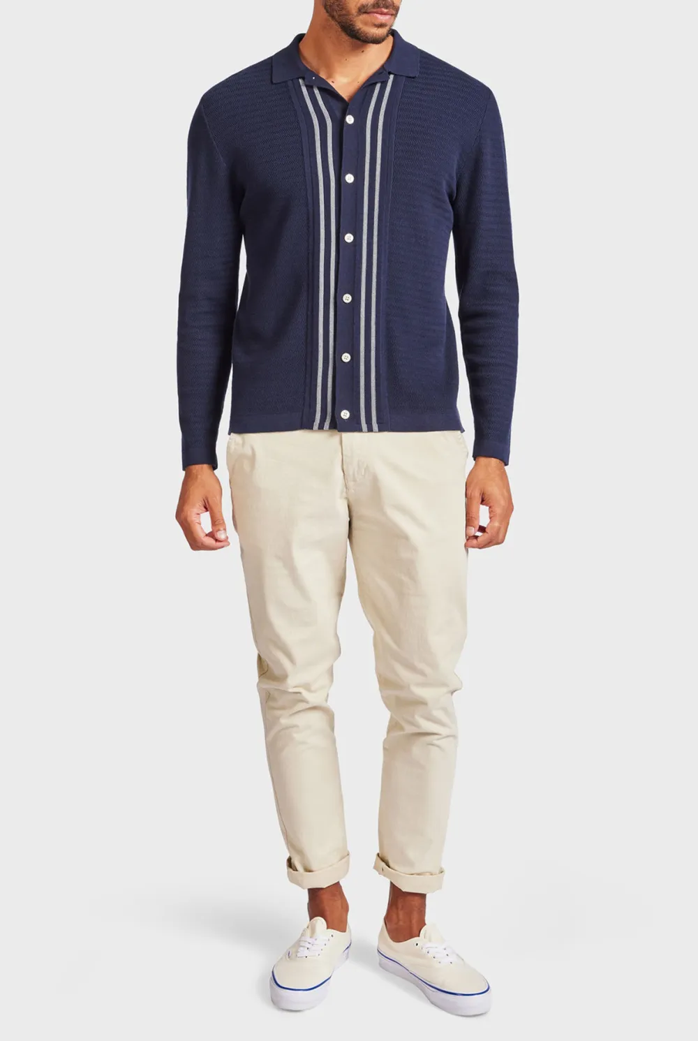 Chambray Cotton Casual Knit Shirt- Navy