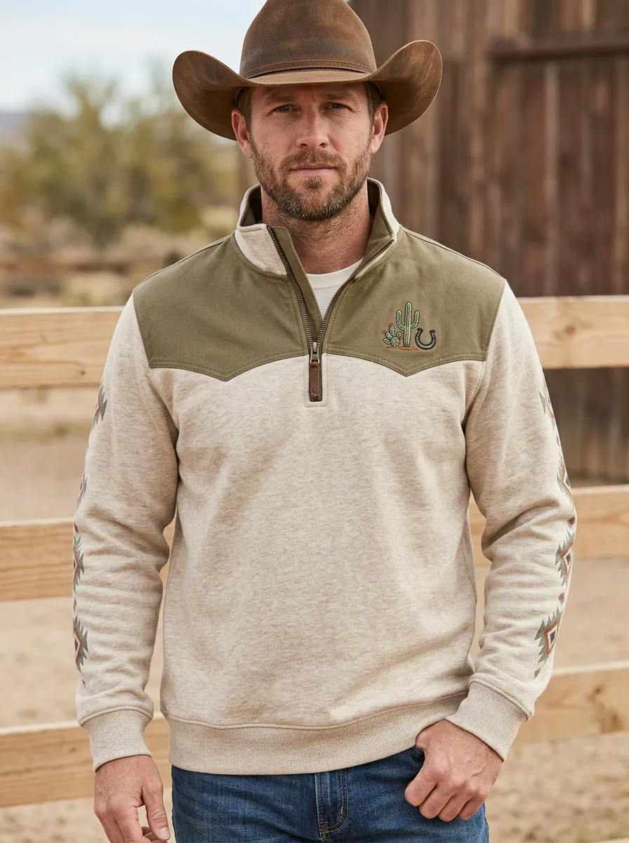 Men's Western Cowboy Horseshoe Horse Cactus Half-Zip Sweatshirt