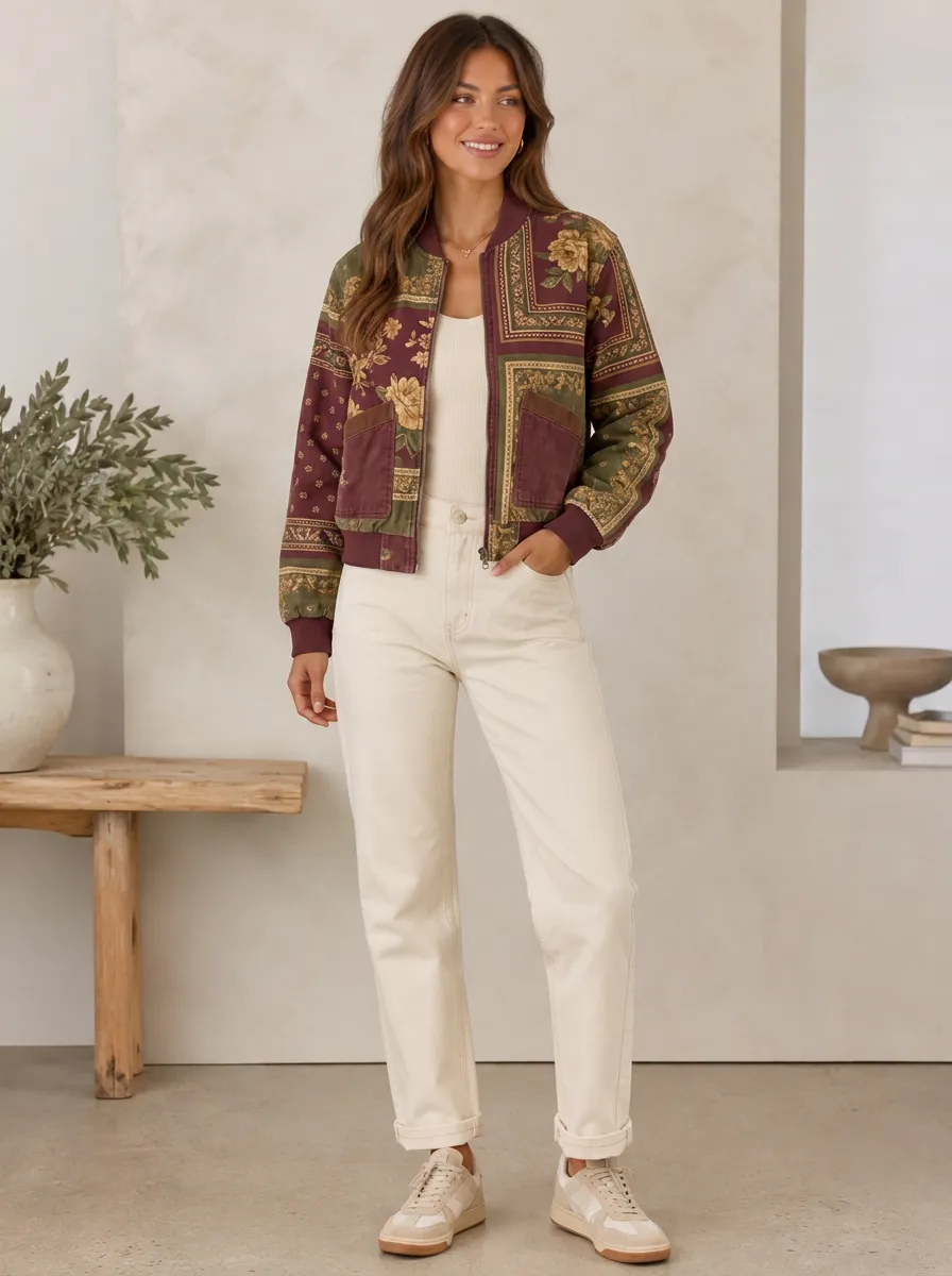 Women's Vintage Floral Paisley Printed Bomber Jacket