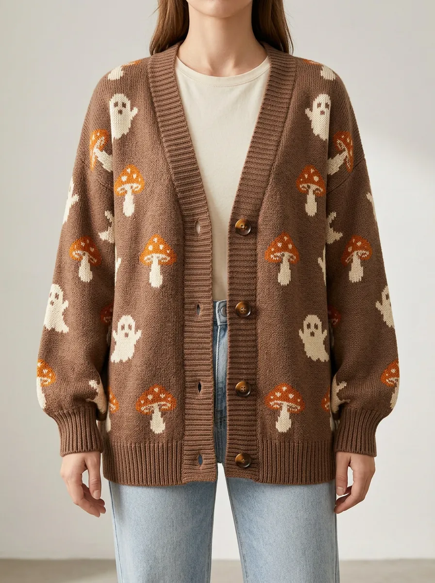 Women's Ghost Mushroom Halloween Knit Cardigan