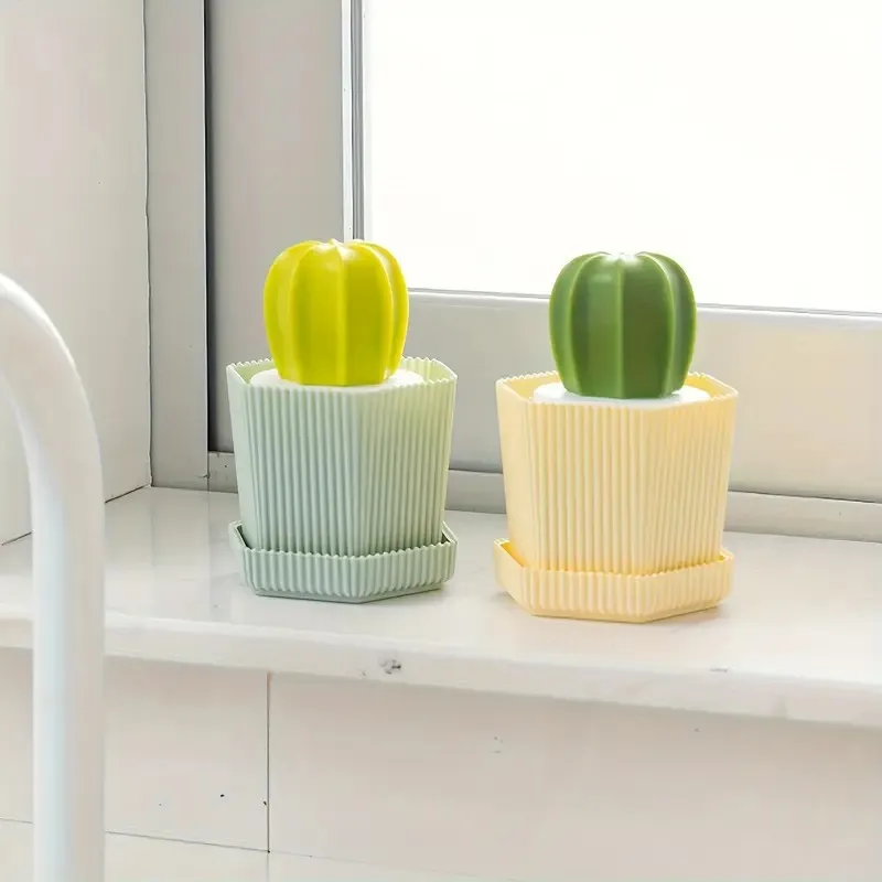 Two Soft-Bristled Cactus-Themed Non-Electric Dishwashing Brushes