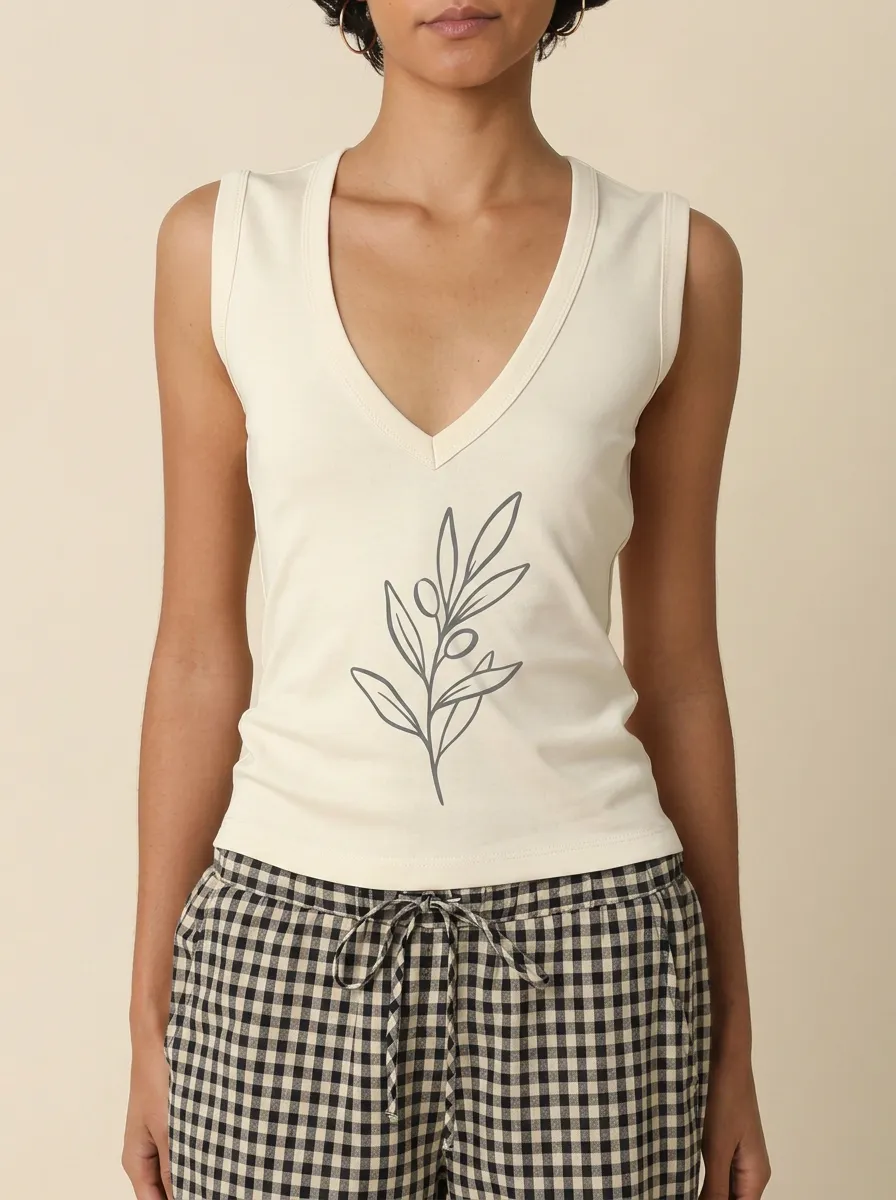 Women's Minimalist Olive Branch Printed V-Neck Tank Top