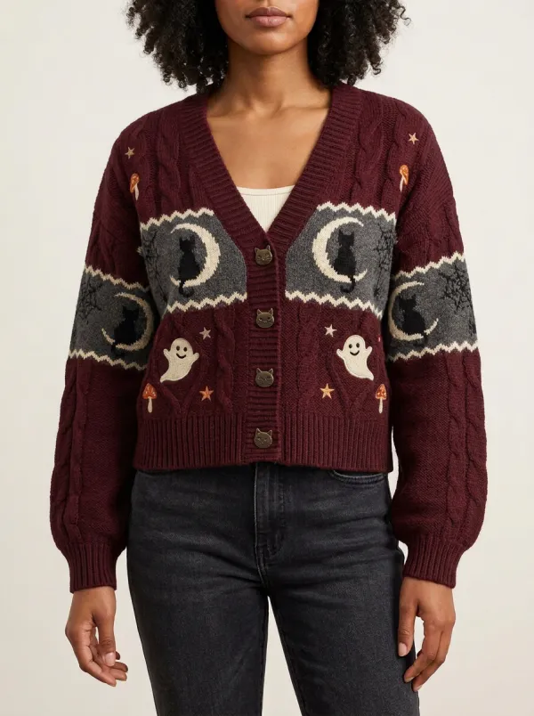 Women's Halloween Ghost Cat Mushroom Moon Pattern Knitted Cardigan