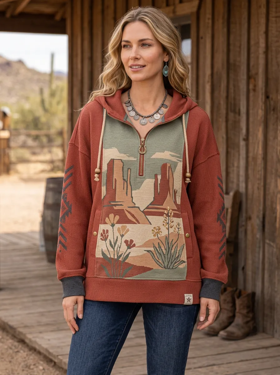Women's Western Desert Landscape Printed Waffle Knit Hoodie
